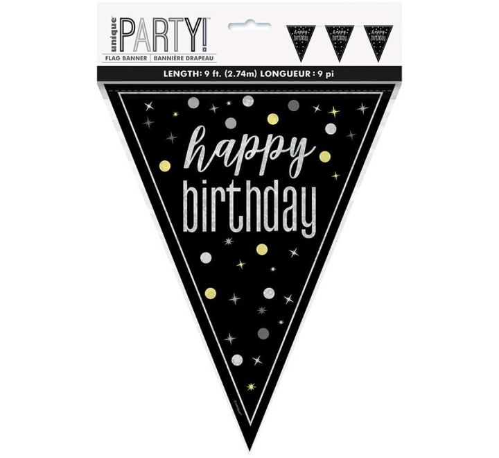 Flag Banner Black Silver Gold Glitz "Happy Birthday" Foil