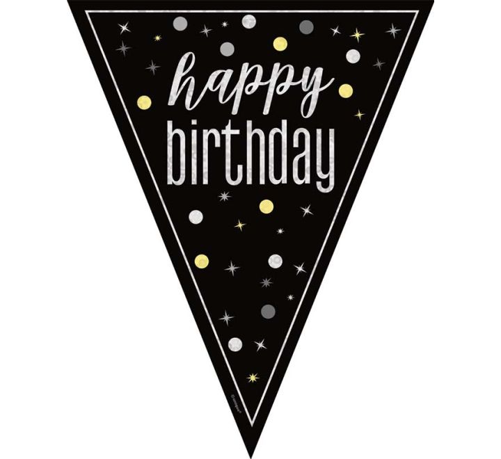 Flag Banner Black Silver Gold Glitz "Happy Birthday" Foil