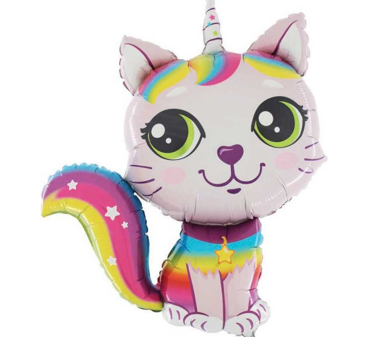 Rainbow Cat Pink Large Foil Balloon 38" (Optional Helium Inflation)