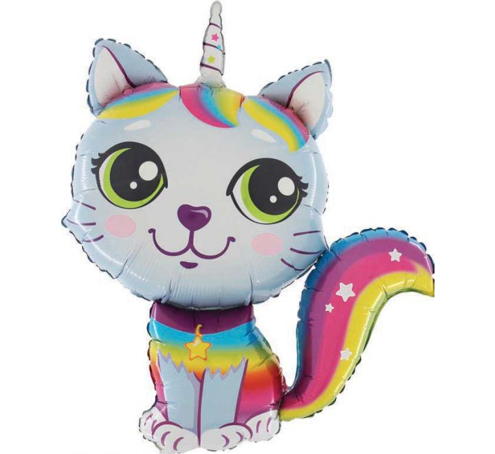 Rainbow Cat Blue Large Foil Balloon 38" (Optional Helium Inflation)