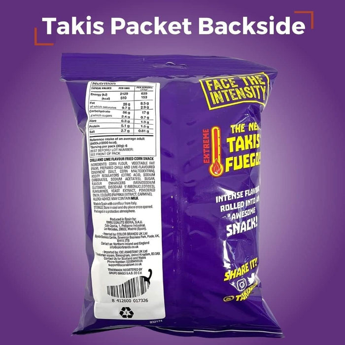 Takis 55g Fuego Flavour - Chilli Pepper and Lime Corn Chips - UK product - Popular Snack