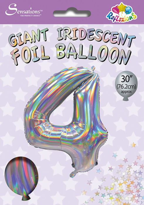 Silver Iridescent Number 4 Giant Foil Balloon 30" (Optional Helium Inflation)