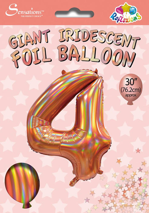 Rose Gold Iridescent Number 4 Giant Foil Balloon 30" (Optional Helium Inflation)