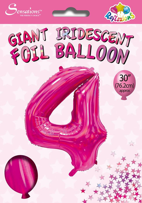 Pink Iridescent Number 4 Giant Foil Balloon 30" (Optional Helium Inflation)