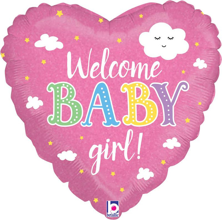 Welcome Baby Girl Holographic 18" Helium Filled Foil Balloon (Optional Helium Inflation)