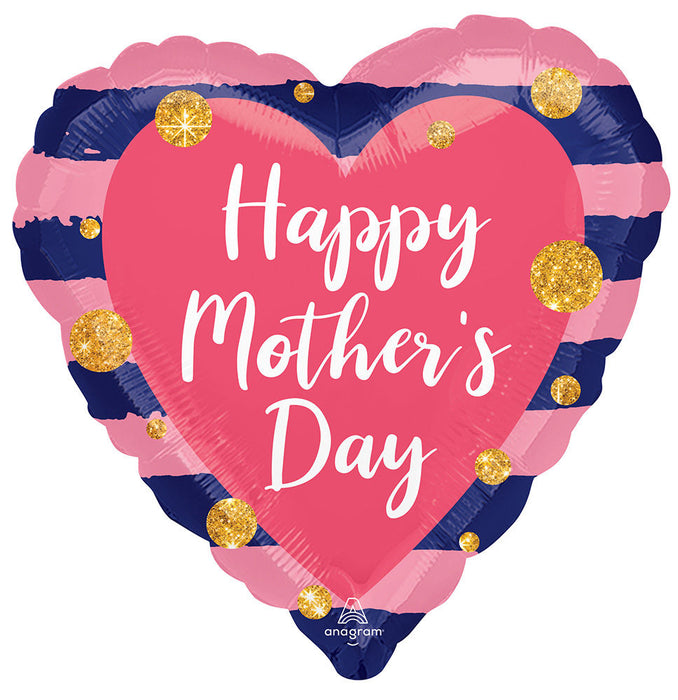 Navy And Pink Happy Mothers Day Heart Foil Balloon (Optional Helium Inflation)