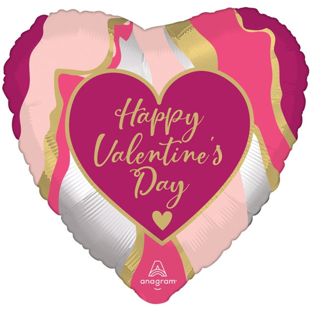 Happy Valentine's Day Satin Abstract Marbled Heart Shaped Foil Balloon (Optional Helium Inflation)