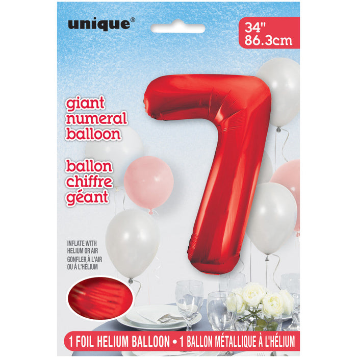 Red Number 7 Giant Foil Helium Balloon 34" (Optional Helium Inflation)