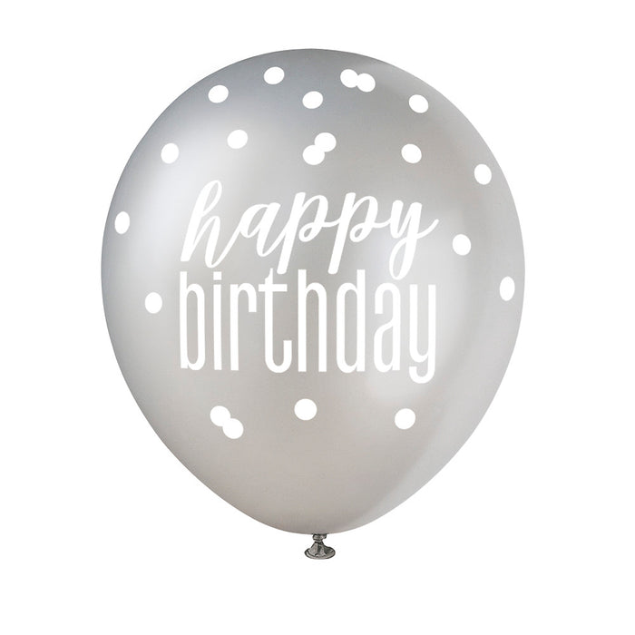 Happy Birthday Glitz Black and Silver Balloon 6 Pack