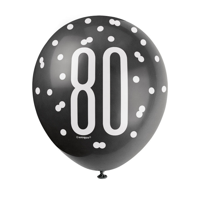 80 Birthday Glitz Black and Silver Balloons x 6