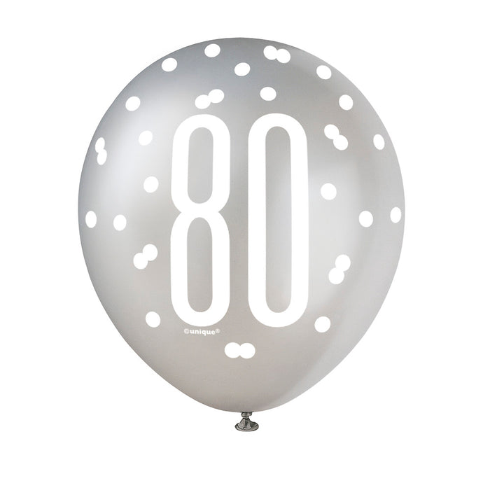 80 Birthday Glitz Black and Silver Balloons x 6