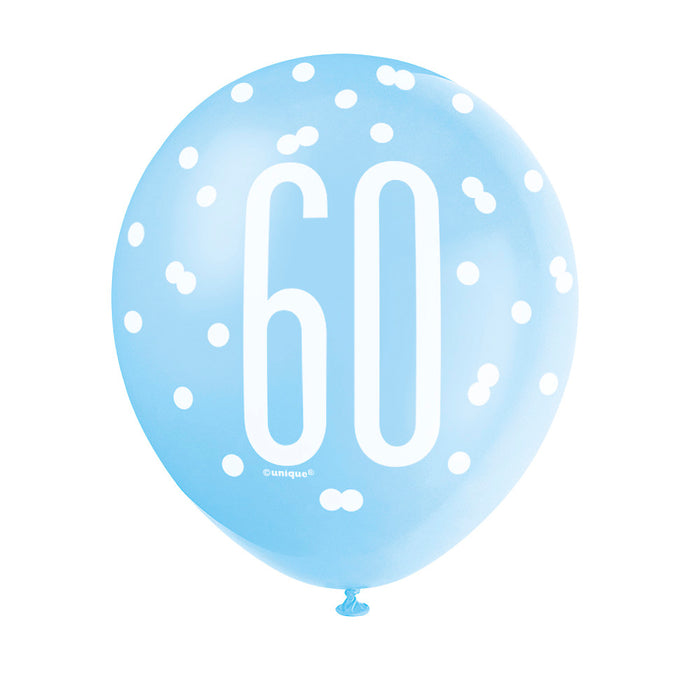 60 Birthday Glitz Blue and White Balloons x 6
