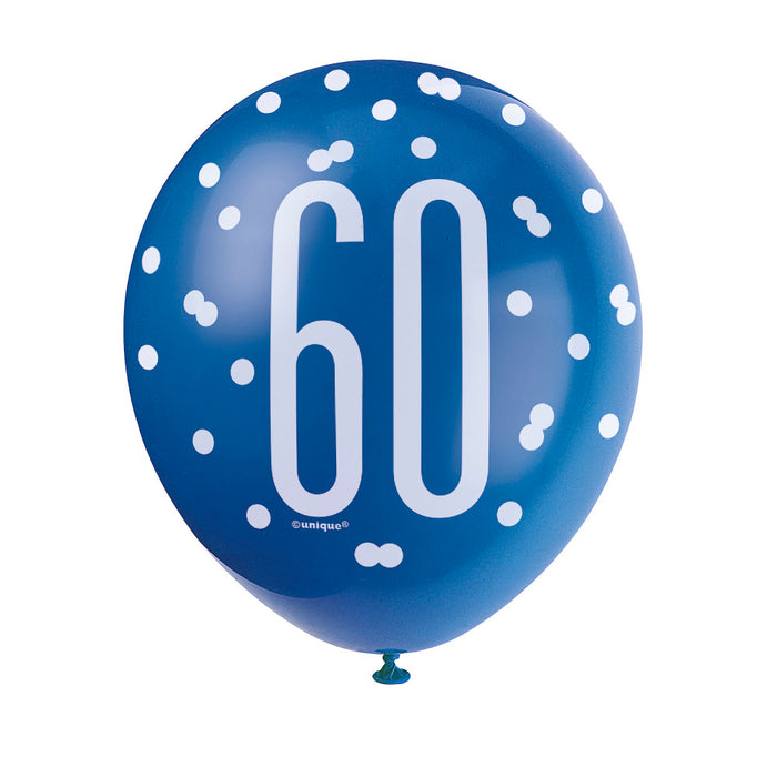 60 Birthday Glitz Blue and White Balloons x 6