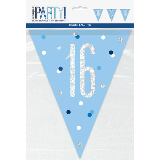 Flag Banner 16th Birthday Blue Glitz - Sweets 'n' Things