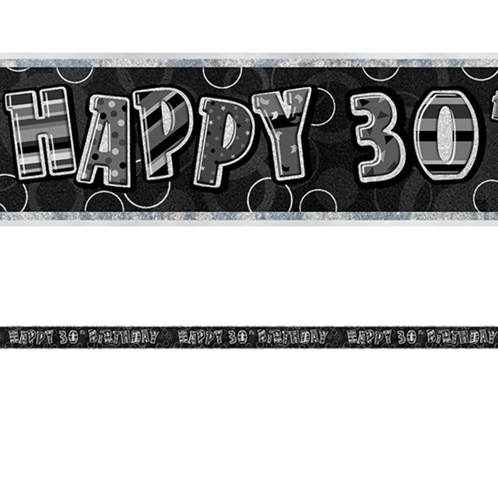 Happy 30th Birthday Banner Black and Silver Glitz - Sweets 'n' Things