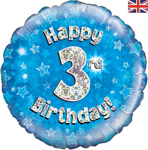 Happy 3rd Birthday Blue Holographic 18" Balloon (Inflated) - Sweets 'n' Things