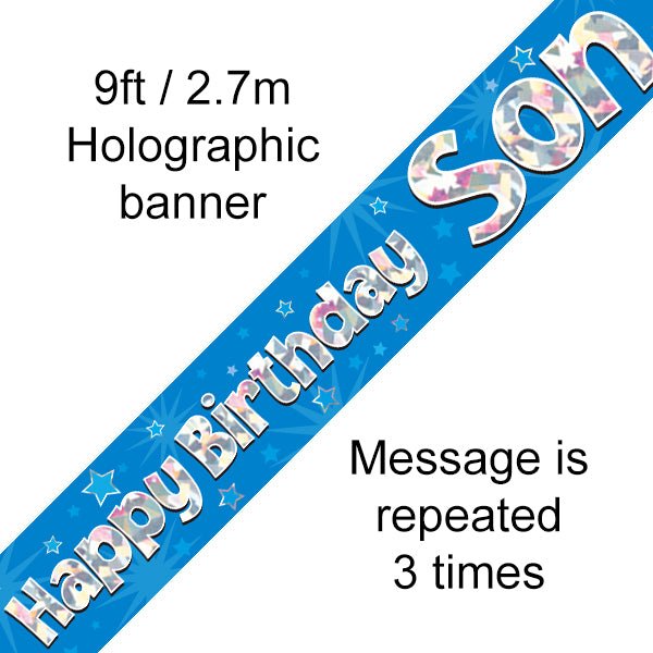 Happy Birthday Son Banner Blue Holographic - Sweets 'n' Things