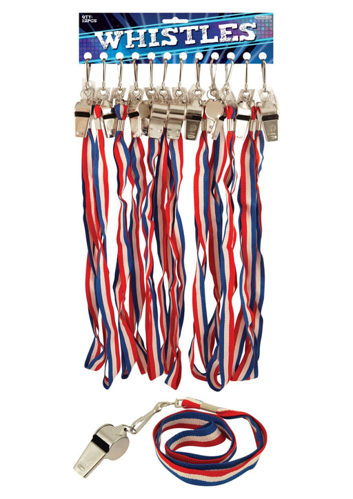 Metal Whistles with Red/White/Blue Cords - Like the Union Jack - Sweets 'n' Things