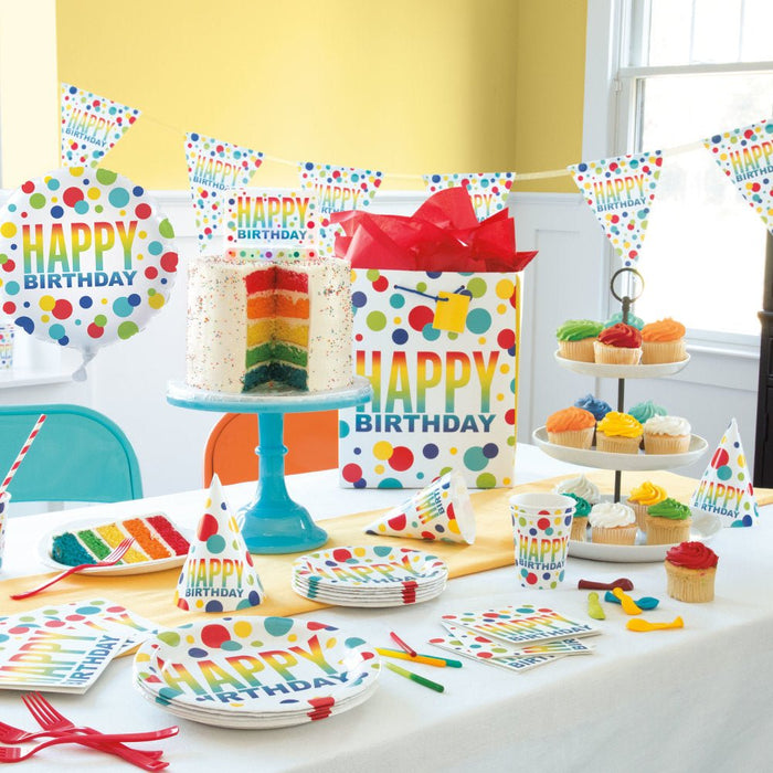 Rainbow Spots Birthday Round 9" Dinner Plates 8 Pack - Sweets 'n' Things